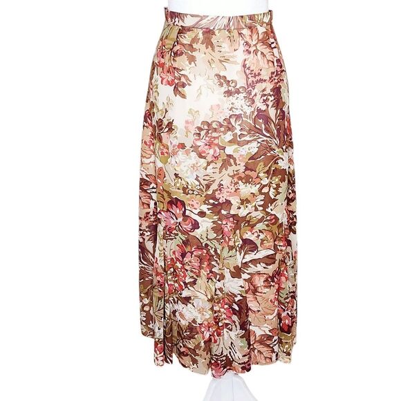 Coldwater Creek Chiffon Godet Midi Skirt Brown Tan Pink Floral Print Women's S - Picture 4 of 11